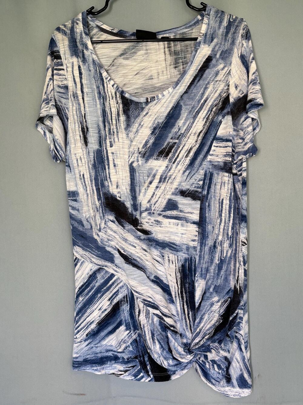 Onque Casuals Shirt Top Blouse Blue White Sequins Embellishment L Large